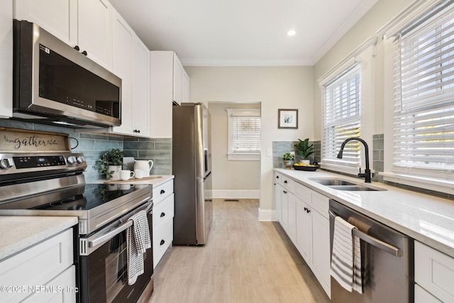 kitchen featuring sink, appliances with stainless steel finishes, backsplash, light stone countertops, and white cabinets