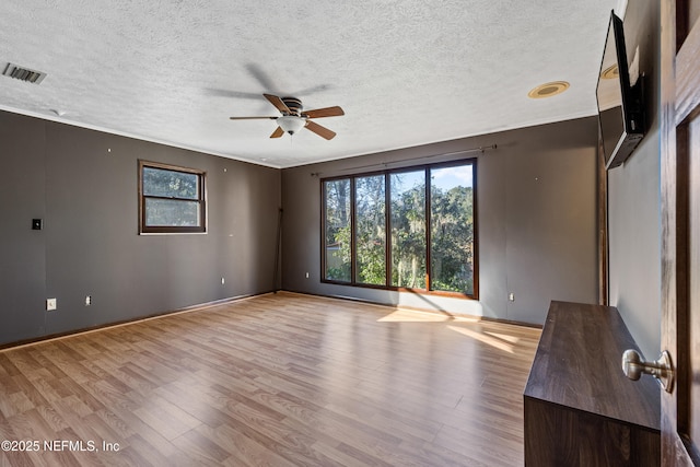 spare room with ceiling fan, light hardwood / wood-style flooring, a textured ceiling, and plenty of natural light