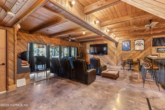 living room featuring beam ceiling, concrete floors, wood ceiling, and wood walls