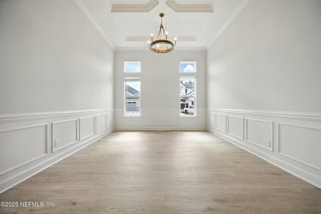 56 Pine Grove Pt, Saint Augustine, FL 32092 - unfurnished dining area featuring coffered ceiling, a chandelier, ornamental molding, light wood-style flooring, and beam ceiling