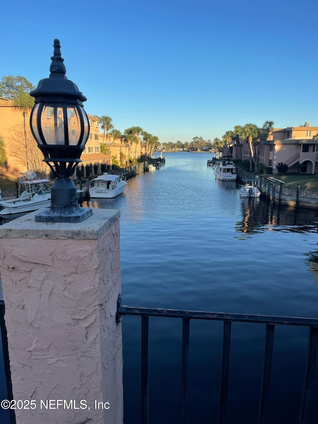 dock area with a water view