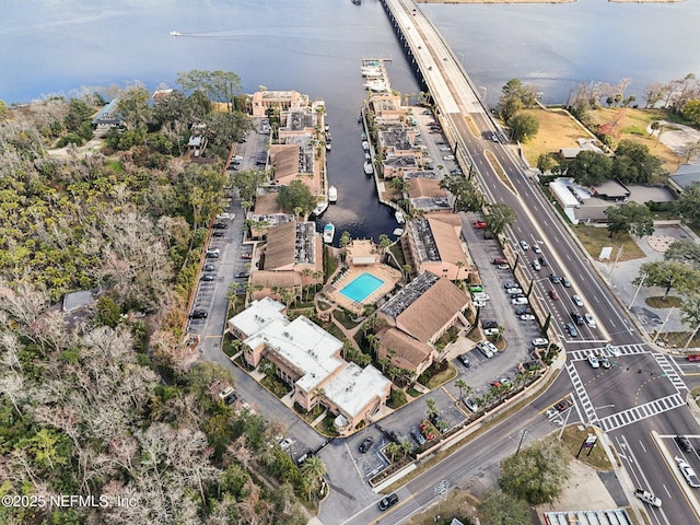 aerial view featuring a water view