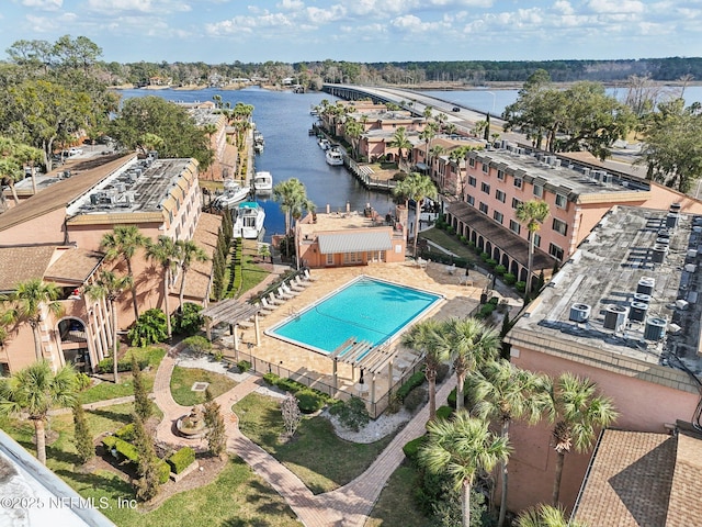 drone / aerial view featuring a water view