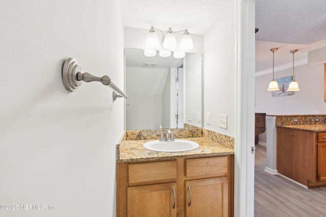 bathroom featuring vanity, hardwood / wood-style flooring, and a textured ceiling