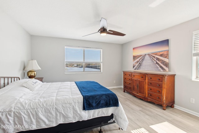 bedroom with light hardwood / wood-style flooring and ceiling fan