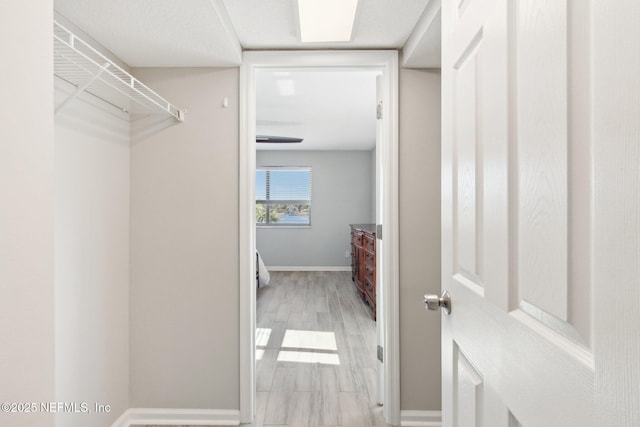 walk in closet with light hardwood / wood-style flooring