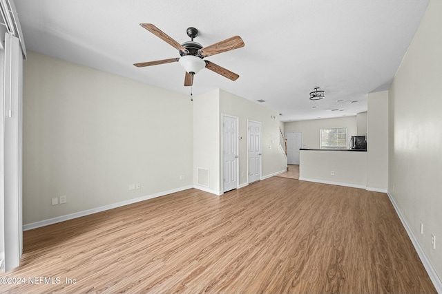 unfurnished living room featuring light hardwood / wood-style flooring and ceiling fan