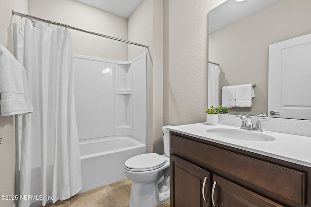 full bathroom with vanity, toilet, tile patterned flooring, and shower / bath combo with shower curtain