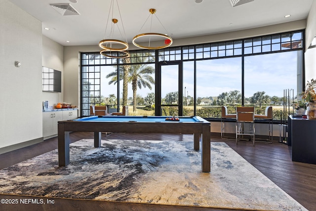 playroom featuring pool table and dark hardwood / wood-style floors