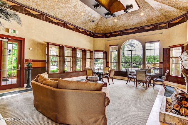 living room with a high ceiling