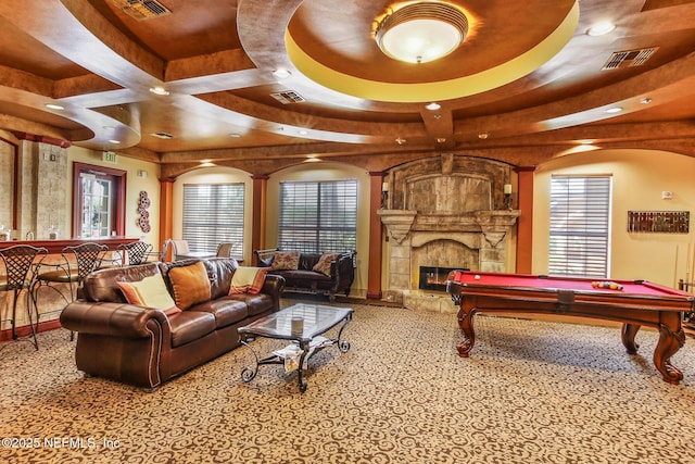 recreation room featuring coffered ceiling, billiards, and a fireplace