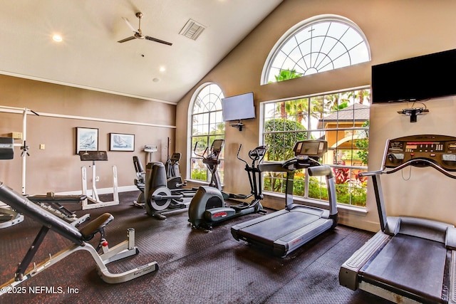 gym with ceiling fan and high vaulted ceiling