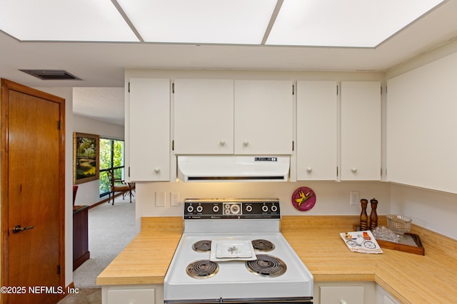 kitchen with white cabinetry, carpet floors, and electric range