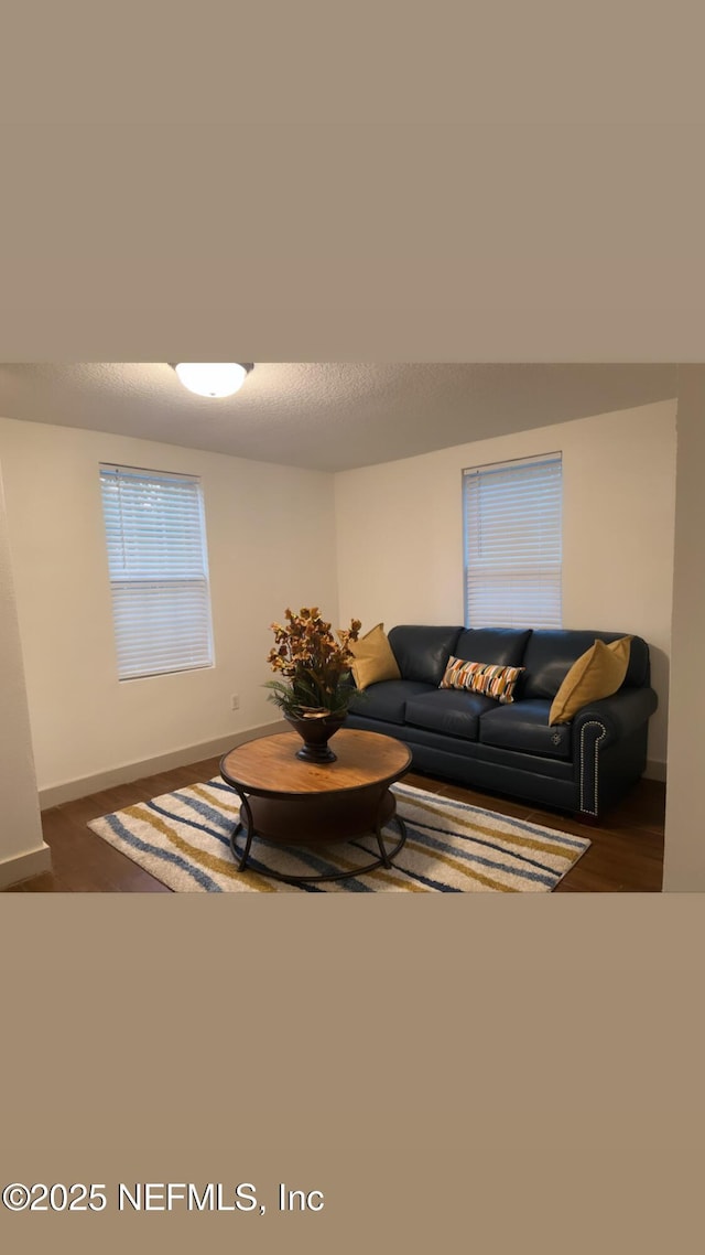 living room featuring a textured ceiling, wood finished floors, and baseboards