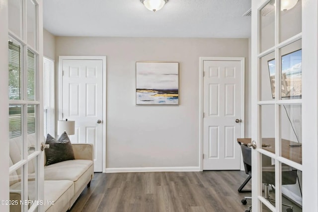 office featuring wood-type flooring, french doors, and a healthy amount of sunlight