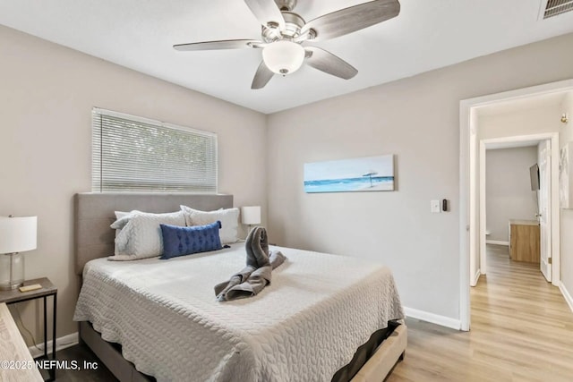 bedroom with ceiling fan and light wood-type flooring