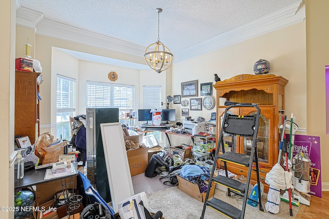 office area featuring ornamental molding, a notable chandelier, and a textured ceiling