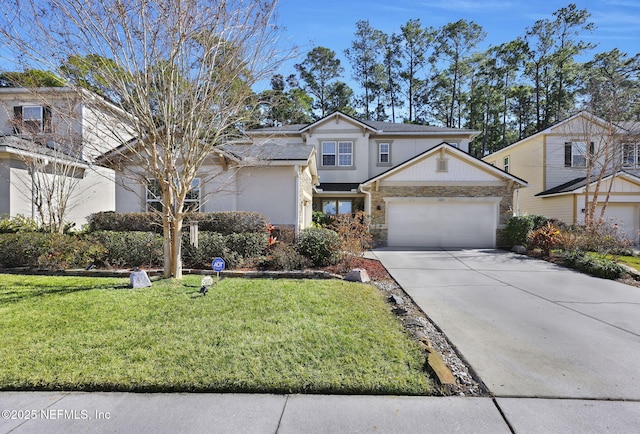 view of front of house with a garage and a front lawn