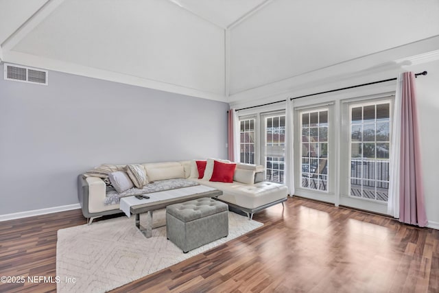 living room with dark hardwood / wood-style floors and high vaulted ceiling