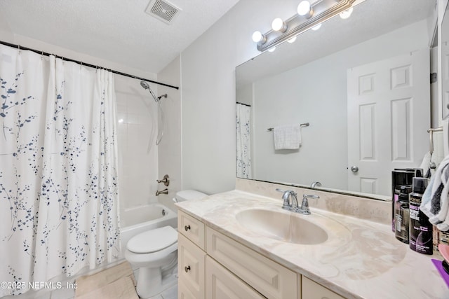 full bathroom with vanity, shower / bath combo, a textured ceiling, and toilet