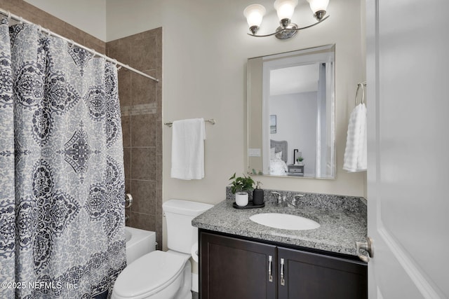 full bathroom with vanity, toilet, and shower / tub combo with curtain