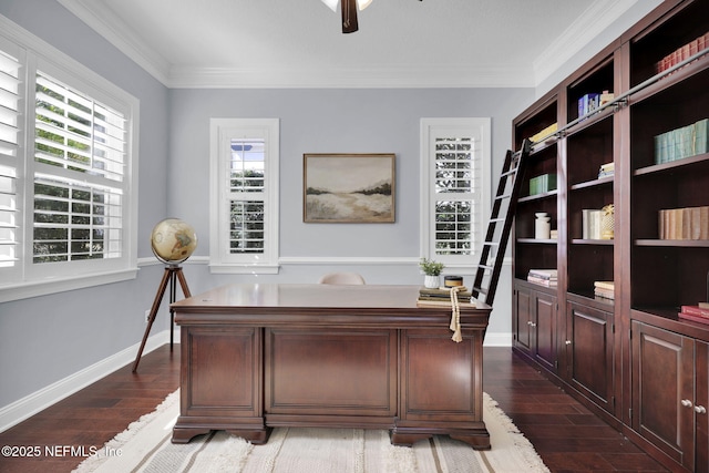 office area featuring ornamental molding, dark hardwood / wood-style floors, and ceiling fan