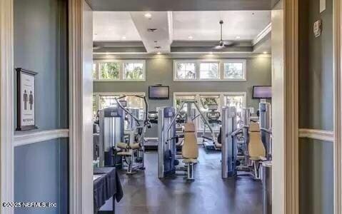 gym with crown molding and plenty of natural light