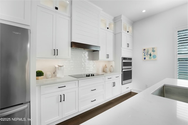 kitchen with light stone counters, white cabinets, stainless steel appliances, decorative backsplash, and exhaust hood