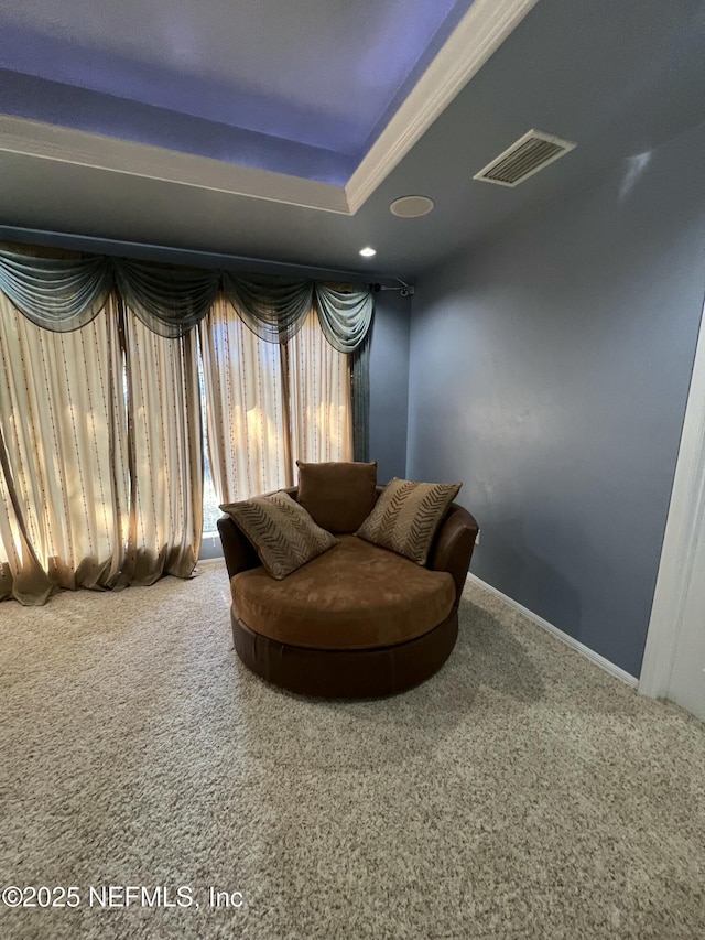 living area with a raised ceiling and carpet flooring