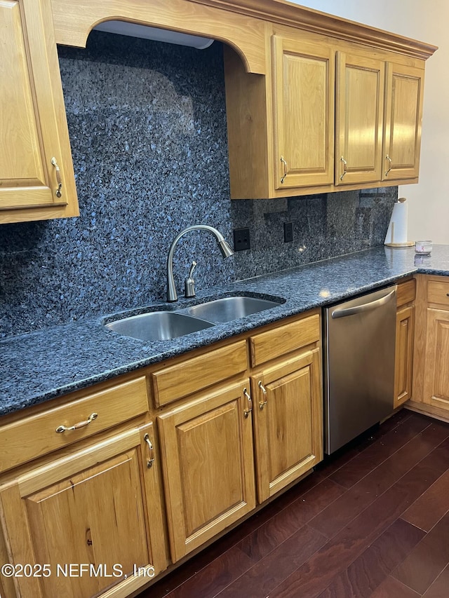 kitchen with sink, dark stone countertops, tasteful backsplash, dark hardwood / wood-style flooring, and stainless steel dishwasher