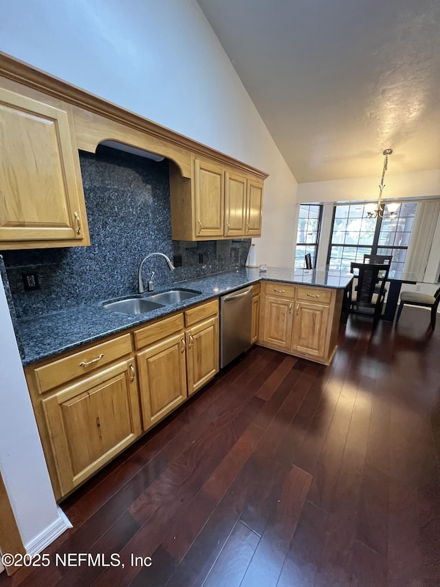 kitchen featuring pendant lighting, sink, stainless steel dishwasher, kitchen peninsula, and dark wood-type flooring