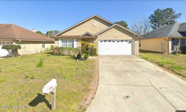 ranch-style house with a garage and a front lawn