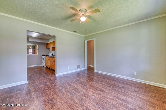 unfurnished living room featuring crown molding, a textured ceiling, ceiling fan, and dark hardwood / wood-style flooring