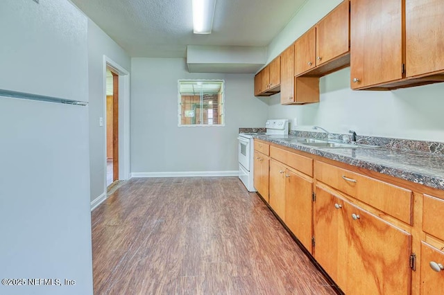 kitchen featuring dark hardwood / wood-style flooring, sink, a textured ceiling, and white appliances