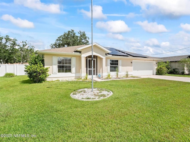 ranch-style house with a garage, a front yard, and solar panels