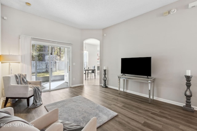 living room featuring dark hardwood / wood-style flooring and a textured ceiling