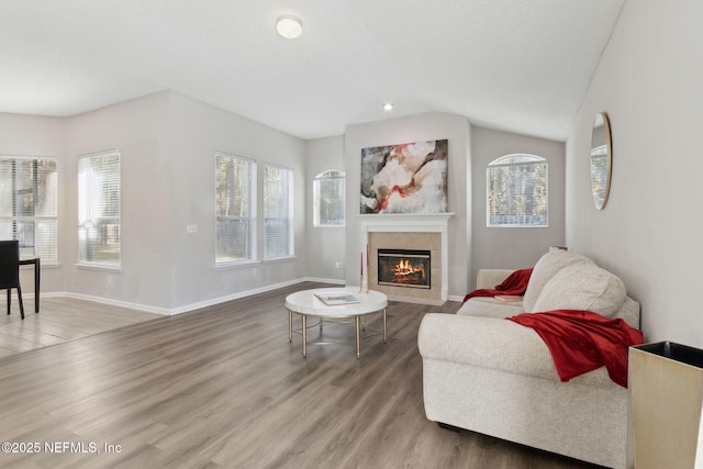 living room featuring a tile fireplace, wood-type flooring, and vaulted ceiling