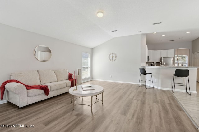 living room with vaulted ceiling and light hardwood / wood-style flooring