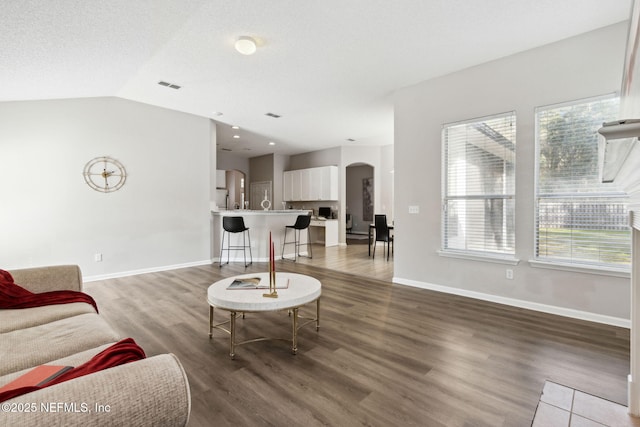 living room with lofted ceiling, dark hardwood / wood-style floors, a textured ceiling, and a wealth of natural light