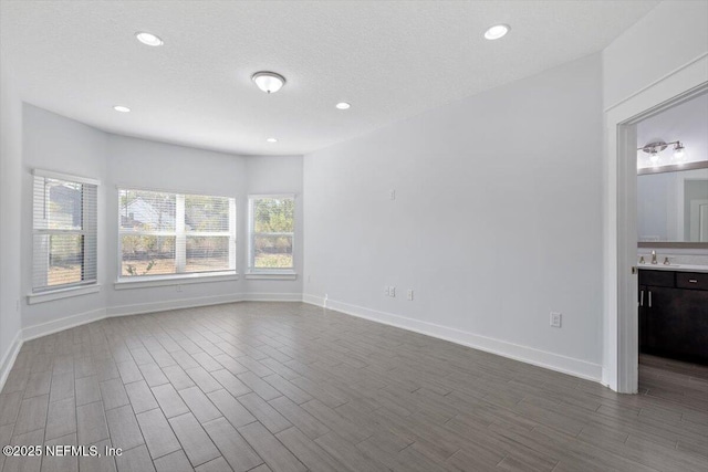 interior space with wood-type flooring, a textured ceiling, and sink