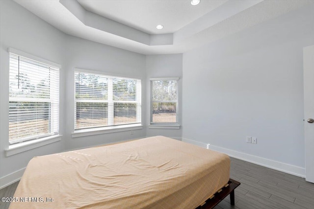 bedroom with a raised ceiling, multiple windows, and dark hardwood / wood-style flooring