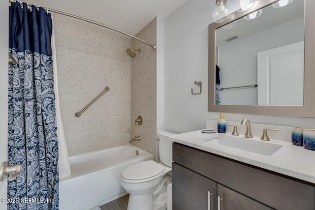 full bathroom with toilet, shower / bath combo with shower curtain, and vanity