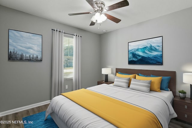 bedroom with dark wood-type flooring and ceiling fan