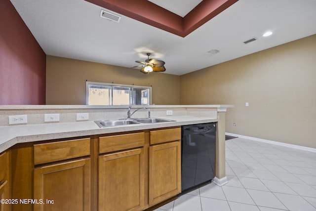 kitchen featuring dishwasher, sink, light tile patterned flooring, and ceiling fan