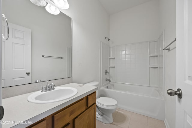 full bathroom with shower / tub combination, vanity, tile patterned floors, and toilet