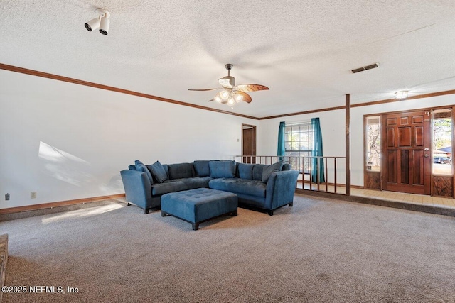 living room with crown molding, carpet flooring, and a textured ceiling