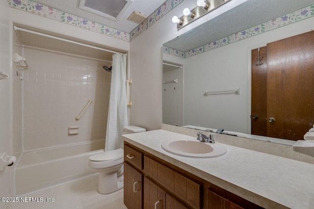 full bathroom featuring shower / tub combo, vanity, a textured ceiling, and toilet