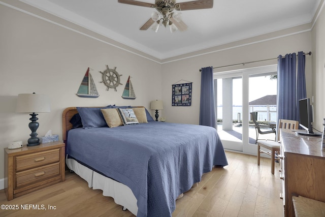 bedroom featuring crown molding, access to outside, ceiling fan, and light hardwood / wood-style flooring