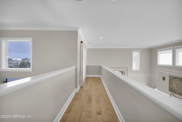 hall featuring ornamental molding and light hardwood / wood-style floors