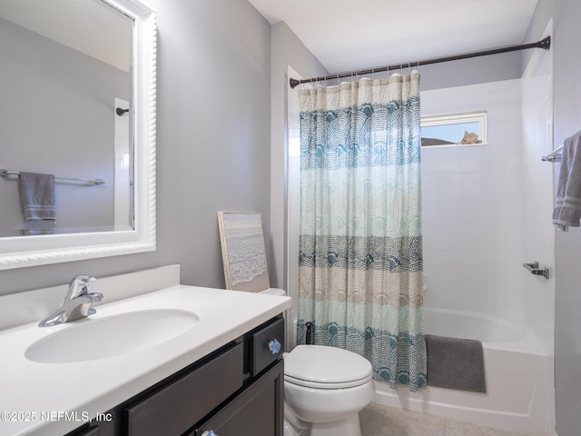 full bathroom featuring shower / tub combo with curtain, vanity, tile patterned floors, and toilet